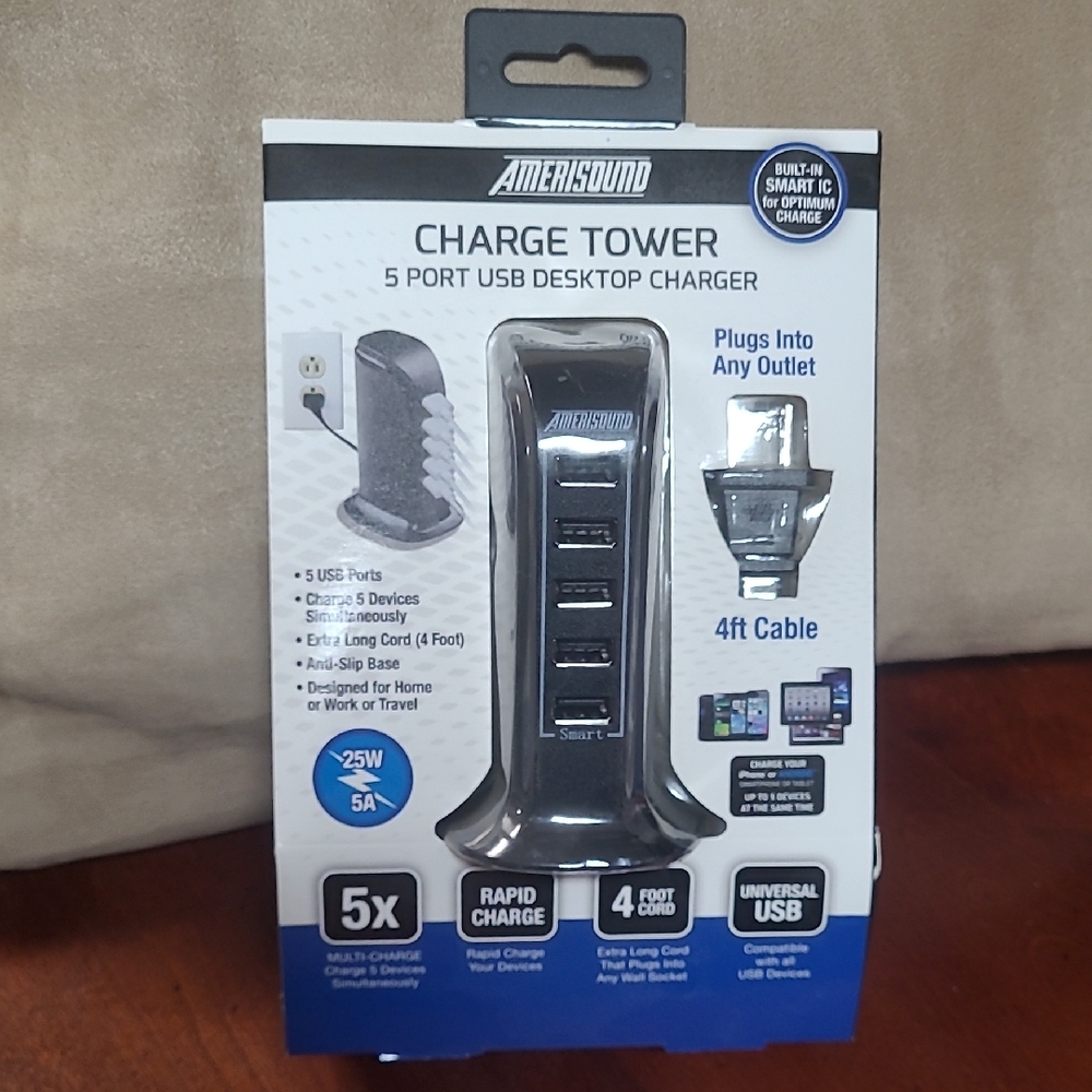 NIB Amerisound Black Multi-Port USB Charger 5 Port